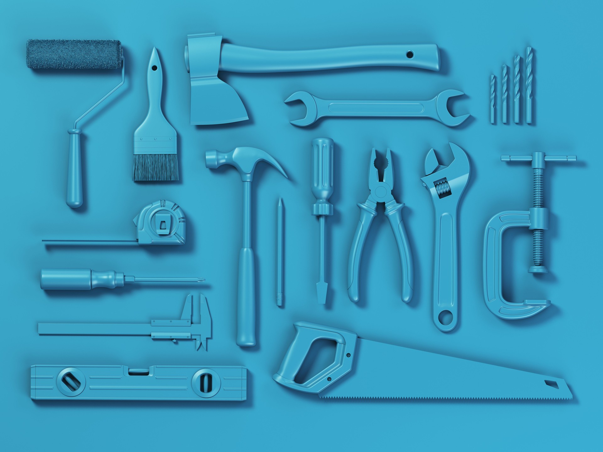 Set of of white tools isolated on white background. Mock up. With paths 3d illustration